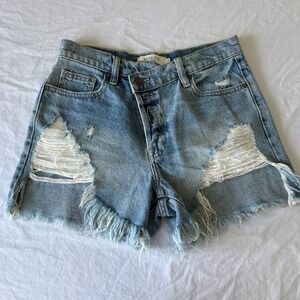 Hidden Womens Blue Denim Distressed Asymmetric Button Fly Mom Shorts Size S